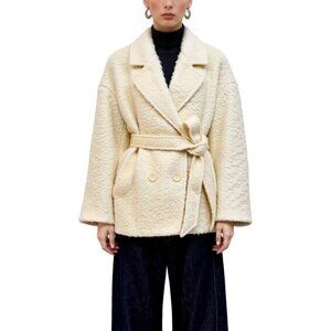 Women's Creme Winter Shearling Short Coat Belted Lapel Buttoned Jacket Outwear